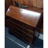 WALNUT & MAHOGANY FITTED BUREAU WITH 4 DRAWERS & BRASS DROP HANDLES