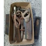 CARTON WITH VARIOUS HAND TOOLS & SHARPENING STONE IN RUSTY CONDITION
