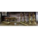 SHELF WITH BRASS CANDLE STICKS, TRIVETS, LADLES & BRASS SCOOP