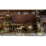 QTY BRASS & COPPER INCL; ORNATE BRASS FIRE SURROUND WITH SWAGS & PILLARS, BRASS CHESTNUT ROASTER