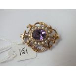 An attractive amethyst & pearl brooch in 9ct - 6.5gms