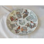 A well decorated Chinese saucer dish with text, red seal mark to base, 8" diameter