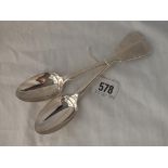 A pair of Victorian fiddle pattern desert spoons - 1855 by GA - 95gms