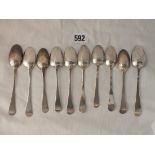 Ten 18th century picture back teaspoons decorated with scrolls & flowers etc. - 110gms