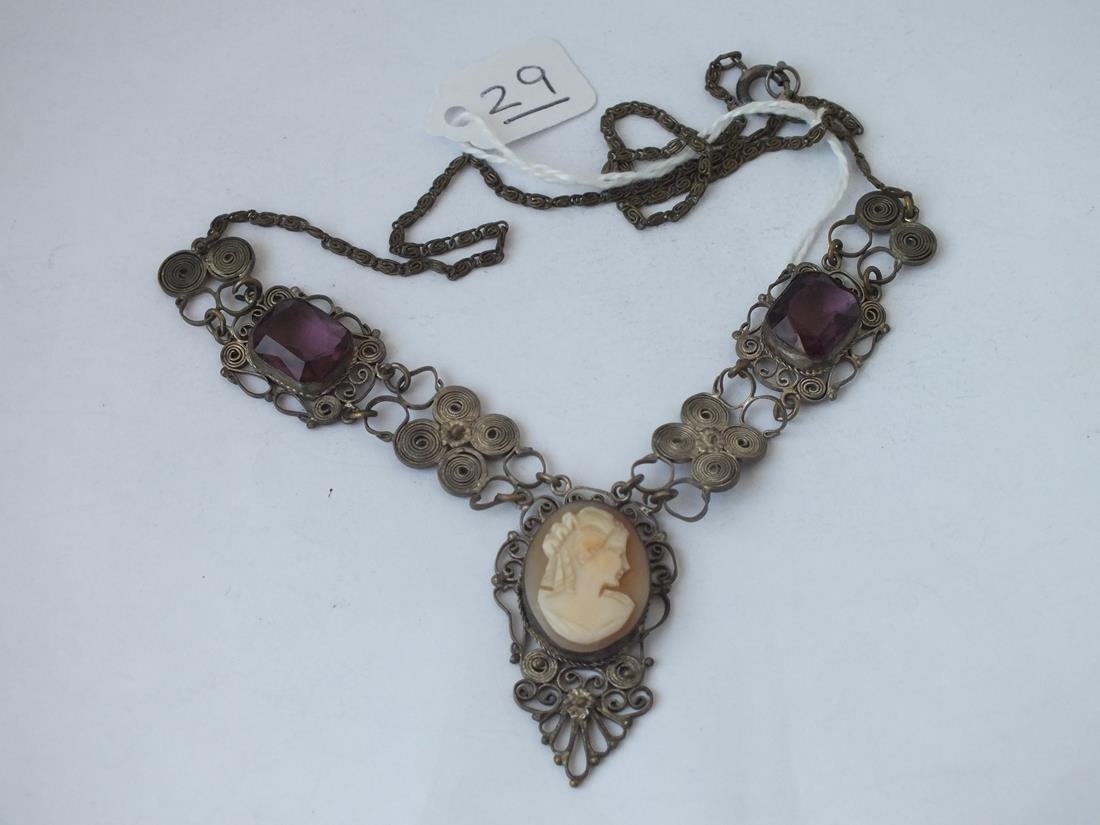 A silver filigree necklace with cameo & stone panels - Image 2 of 2