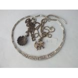 A silver necklace, 2 pendant necklaces incl cat design - 49gms