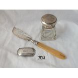 A Georgian butter knife, a gin wine ticket and a mounted jar