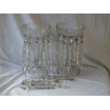 A pair of cut glass lustres with drops, 12" high