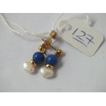 A pair of lapis & pearl 9ct drop earrings