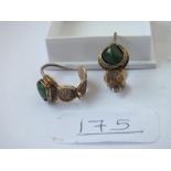 A pair of Chinese green stone & gilt metal earrings - 3.7gms