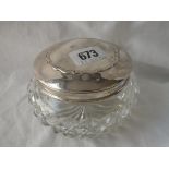 A silver top dressing table jar with cut glass body - 4.5" DIA - B'ham 1923