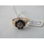 A sapphire & diamond cluster ring in 9ct - size Q - 2.4gms