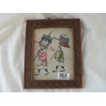 A rice paper picture of 2 figures carrying banners, 6" high