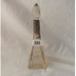 A silver mounted dressing table bottle & stopper with glass body - 9.5" high - B'ham 1919