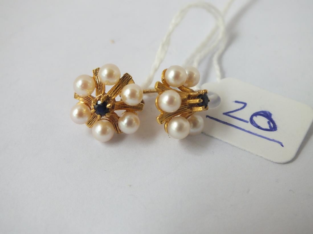 A pair of pearl & sapphire earrings in 9ct - 3.3gms