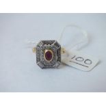 Art deco style ruby & diamond ring in 18ct gold - size O - 5.8gms