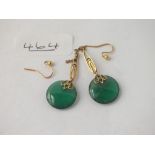 A pair of green stone drop earrings in 9ct