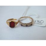 A signet ring in 18ct gold - size H - 2.3gms together with a ruby & diamond ring in 9ct - size K -