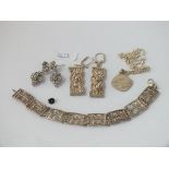 A silver pendant necklace, brooch & 2 pairs of earrings