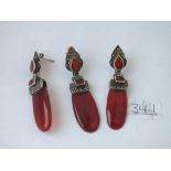 A pair of art deco silver, marcasite & cornelian ear pendants & 1 spare