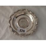 A Stirling silver dish inset with a coin dated 1889 - 61gms