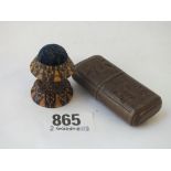 A Treen mushroom shaped pin holder and a needle case.