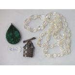 A bag containing scent bottle, glass necklace & malachite pendant