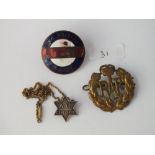 A plated RAF badge together with A.C. Centenary brooch plus enamel ATCO badge & plated chain