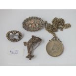 A bag of silver items including fish brooch, dollar pendant necklace & paste brooch etc.
