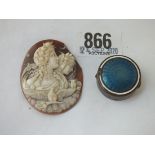 A gilt metal and enamel patch box and a carved cameo