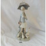 A Lladro figure of a girl with geese, 10" height.