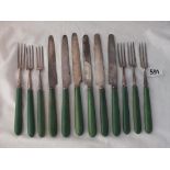 Six Georgian style green tinted fruit knives & forks, steel blades