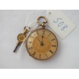 A VICTORIAN LADIES FOB WATCH WITH KEY IN 18CT GOLD WORKING ORDER - 32.7gms