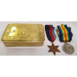 A BRASS BOX & TWO WW II MEDALS