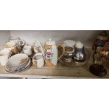 SHELF OF VARIOUS CHINA & PLATED ITEMS