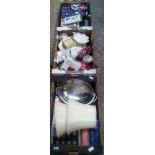 3 CARTONS OF MIXED COSMETICS, GLASS PLACE MATS, LAMP SHADES & METAL WARE