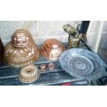 6 COPPER JELLY MOULDS OF VARIOUS SIZES, BRASS MONITOR MILITARY MARKED PARAFFIN BLOW LAMP & WHITE