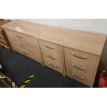 GOOD QUALITY WOOD COLOURED MELAMINE CHEST OF 3 LONG DRAWERS & 2 BEDSIDE CHEST OF 3 DRAWERS