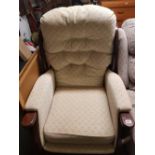 WOOD & UPHOLSTERED HIGH BACK ARMCHAIR