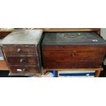 STAINED PINE WORK BOX & SMALL STAINED MAHOGANY CHEST OF 3 DRAWERS