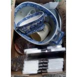CARTON WITH BLUE & WHITE CHINA, GLASS WARE & CLIP PHOTO FRAMES