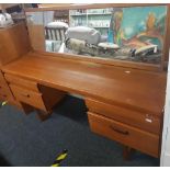 MID CENTURY WILLIAM LAWRENCE TEAK DRESSING TABLE WITH MIRRORED BACK 5FT L (SLIGHTLY MARKED)