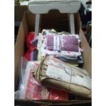 CARTON WITH VINTAGE CLOTHING PATTERNS, A SMALL WHITE WOODEN STOOL & VINTAGE FABRIC