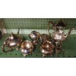 SHELF OF PLATED WARE INCL: TEA POTS, COFFEE POT ETC