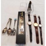 STAINLESS STEEL BULOVA WATCH, PLATED SPOONS & 4 OTHER WATCHES