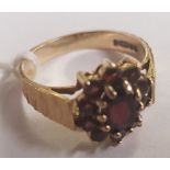 AN OVAL GARNET CLUSTER RING SET IN 9ct