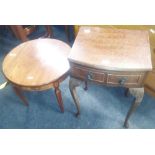 SMALL MAHOGANY HALL TABLE WITH BOW FRONT & DRAWER PLUS CIRCULAR MAHOGANY COFFEE TABLE WITH INLAID