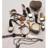 TUBE WITH MISC WATCHES, WHITE METAL TRINKET BOX & TIN WITH WHITE METAL GUITAR