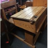OAK SCHOOL DESK WITH HINGED TOP & CHAIR ATTACHED