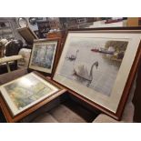 3 LARGE F/G & MOUNTED PRINTS, 1 OF SWANS & 2 OF BLUE BELL WOODS